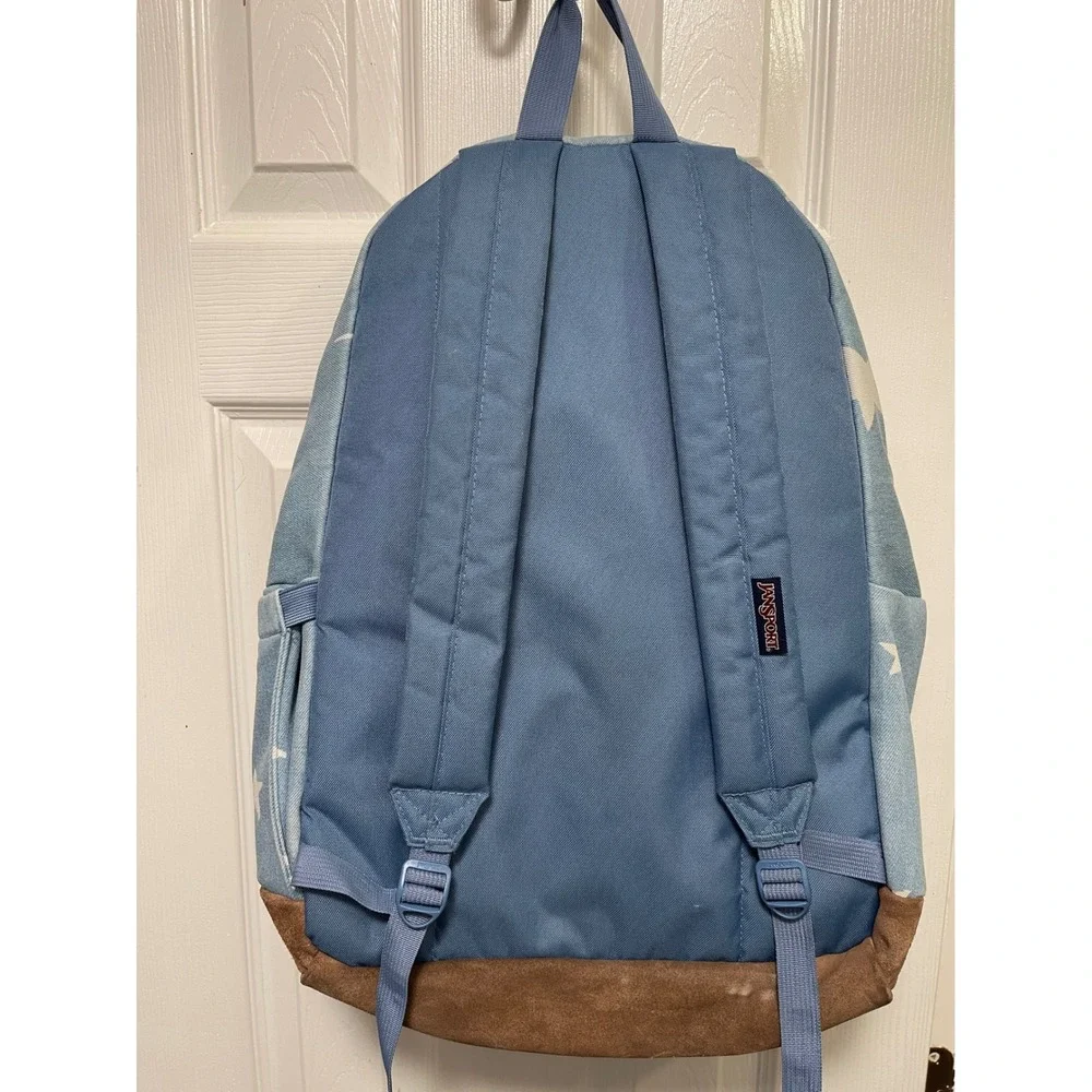 JanSport Right Pack Backpack Blue Denim Star Print Suede Bottom School Bag